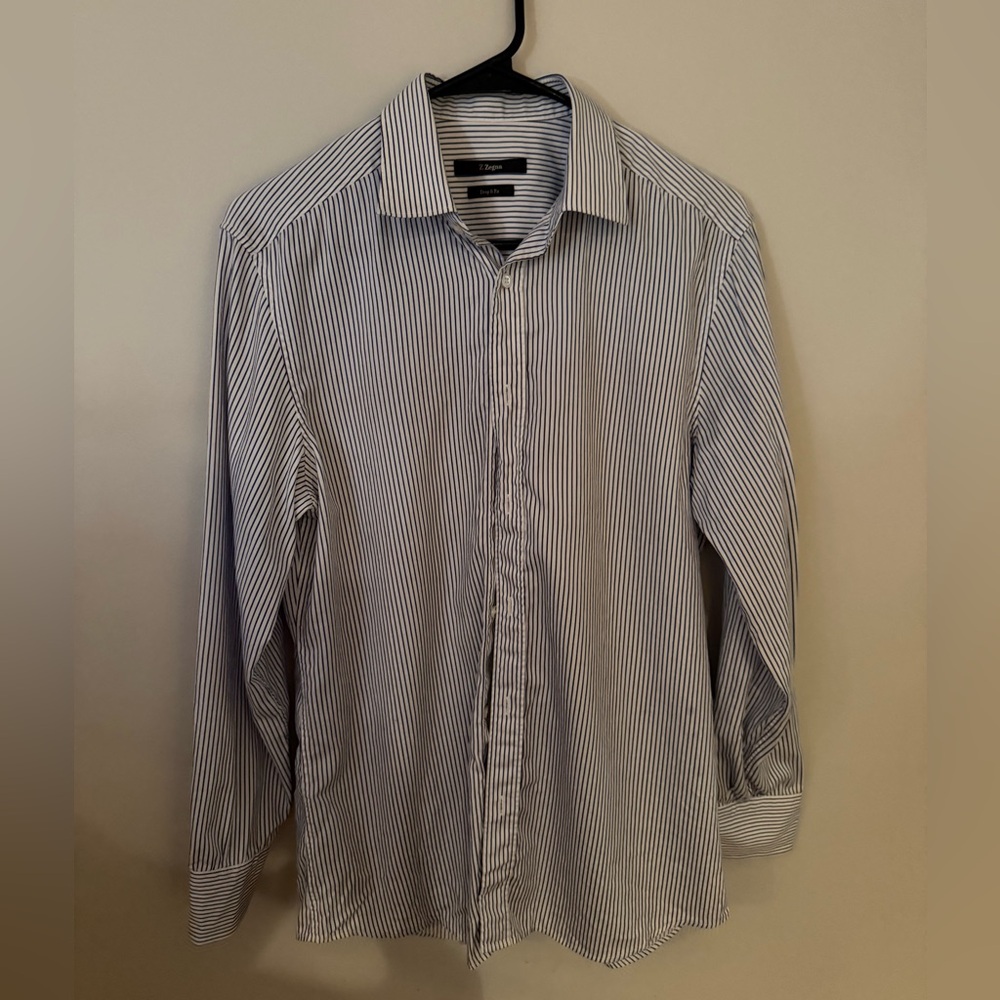 Z Zegna Drop 8 Fit Blue White Striped Dress Shirt EUC 15.5 / 39